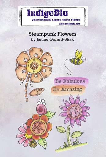 Steampunk Flowers A6 Red Rubber Stamp by Janine Gerard-Shaw